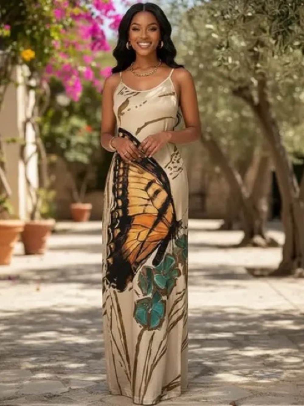 Beige Maxi Slip Dress with Orange Butterfly Print
